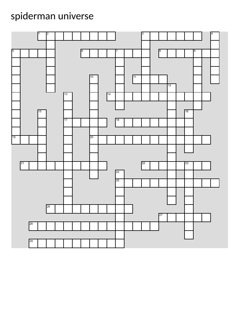 Spider-Man crossword with heroes and villains from the Marvel multiverse.