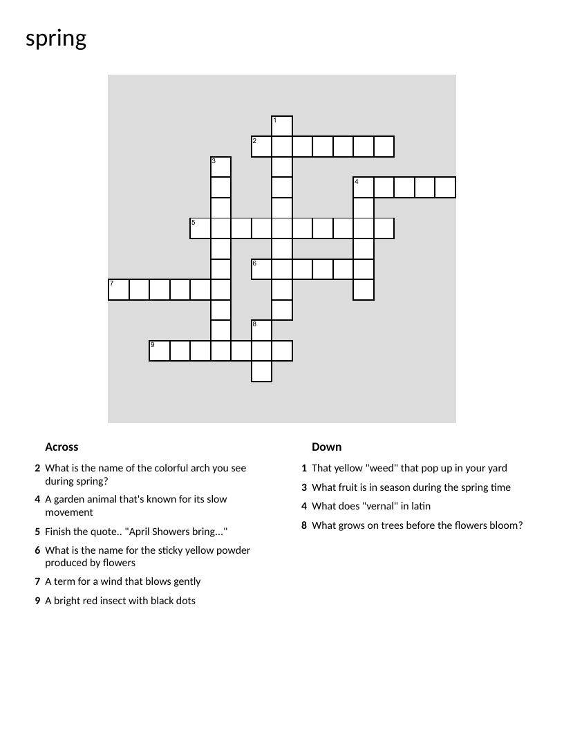 Spring vocabulary crossword with rainbows, ladybugs, and dandelions.