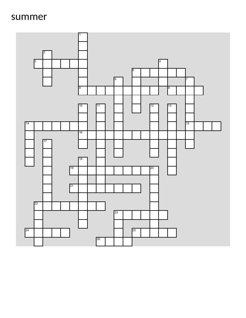 Summer activities crossword with beach, camp, ice cream, and vacation.
