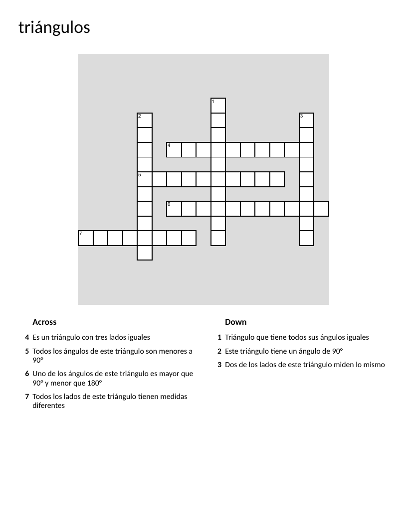 Spanish geometry crossword on triangle types: equilateral, isosceles, scalene, acute, obtuse, right.