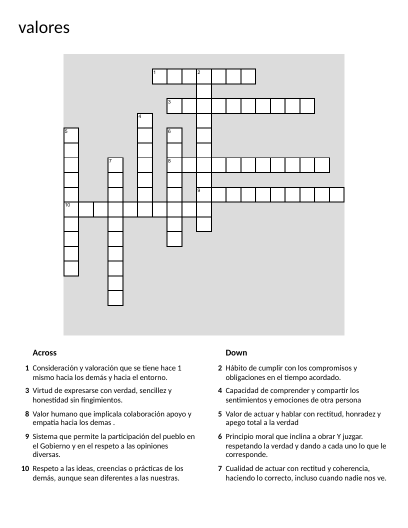 Spanish crossword on human values like respect, honesty, empathy, and tolerance.
