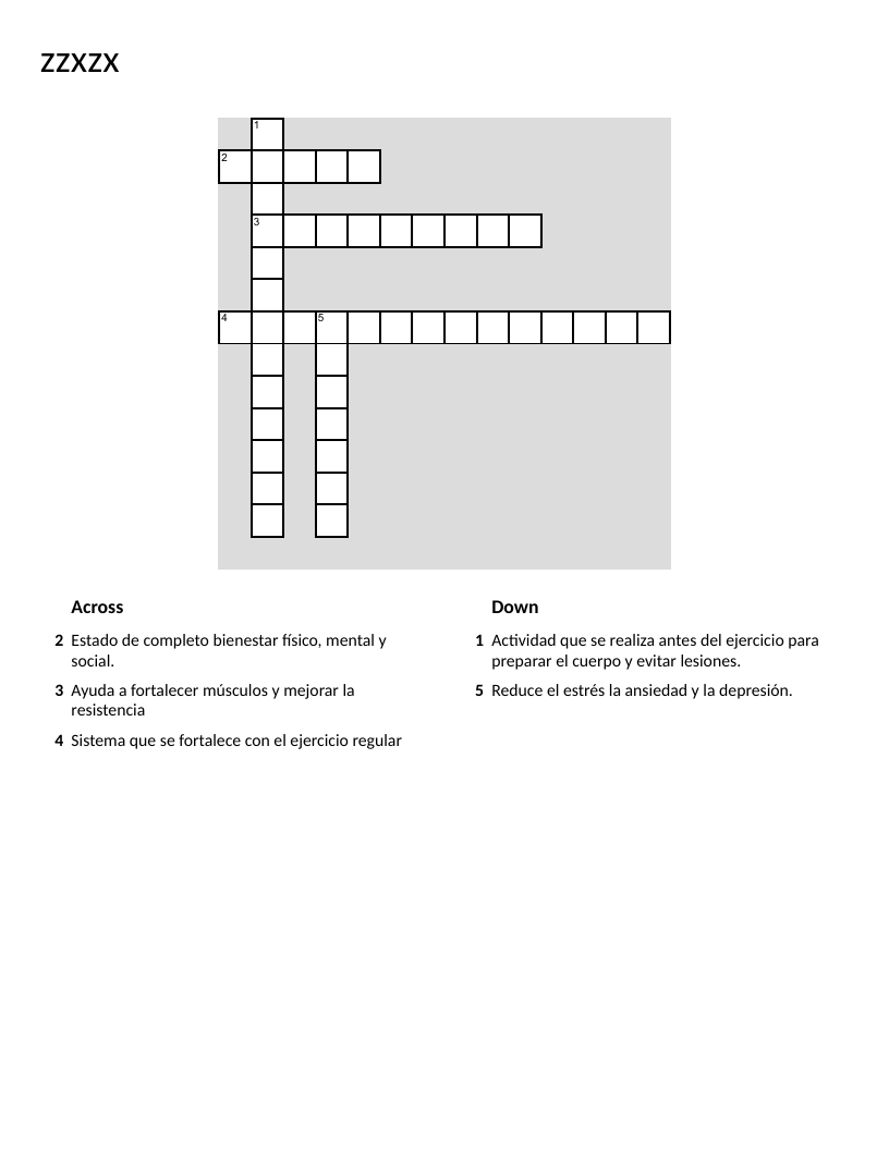 Spanish health and exercise crossword with vocabulary like salud, ejercicio, and cardiovascular.